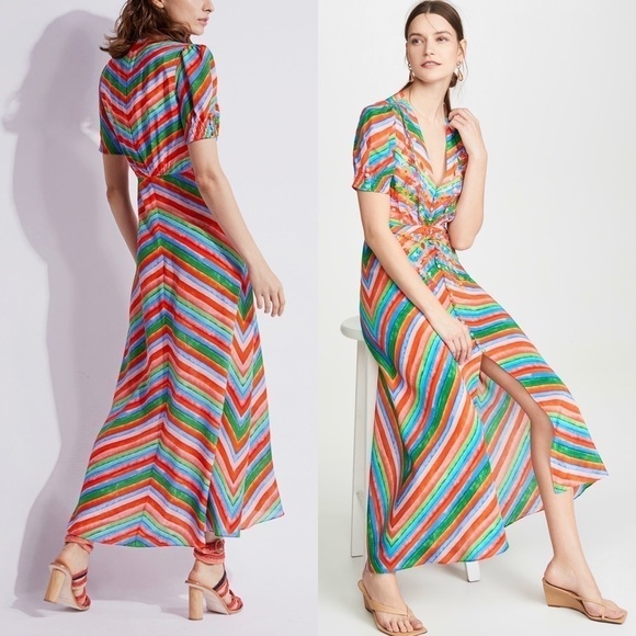 SALONI Silk Rainbow Floral Stripe‎ Puffed Short Sleeve Button Front Midi Dress 4 - Picture 4 of 16